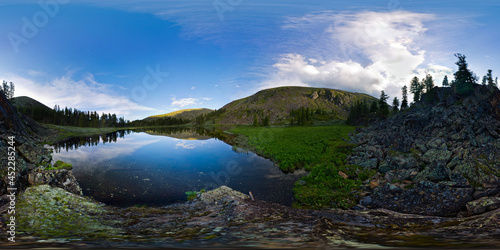 Evening mountain blue lake in the forest among the stones at sunset.. Spherical panorama 360vr