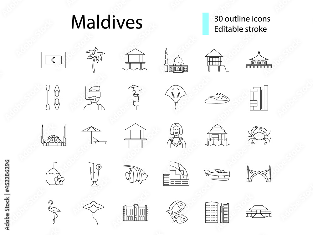 Maldives attributes outline icons set. Tropical resort guide. Editable stroke. Isolated vector stock illustration