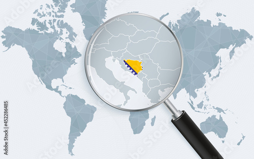 World map with a magnifying glass pointing at Bosnia and Herzegovina. Map of Bosnia and Herzegovina with the flag in the loop.