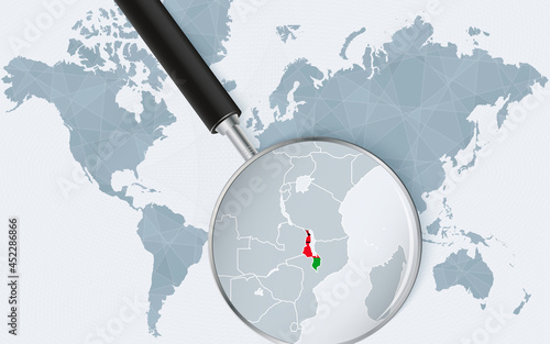 World map with a magnifying glass pointing at Malawi. Map of Malawi with the flag in the loop.