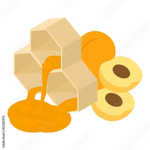 Honey dessert icon isometric vector. Fresh ripe juicy apricot and honeycomb. Sweet product, cooking ingredient