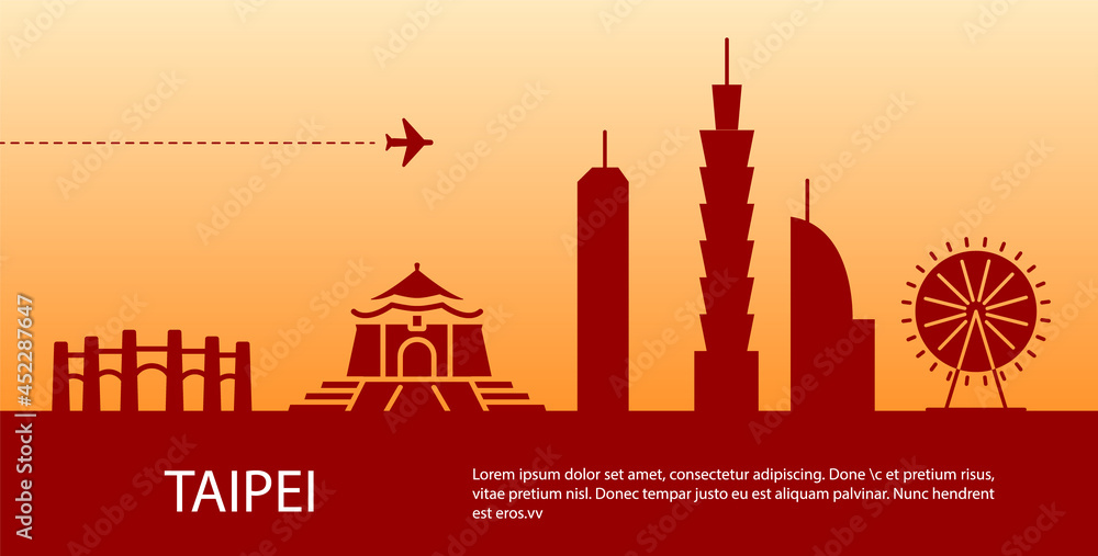 Taipei cityscape red silhouette banner. Taiwan capital with plane. Travel postcard. Isolated vector illustration