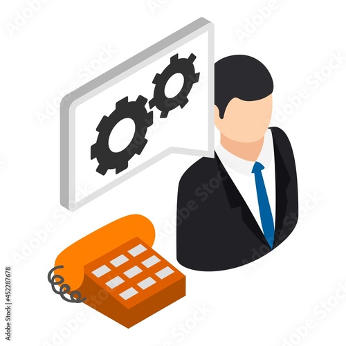 Technical support icon isometric vector. Male consultant and landline telephone. Virtual technical support service
