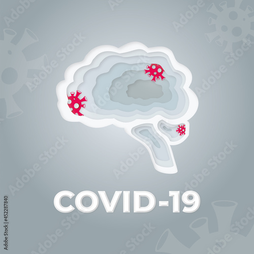 Human brain are infected with the covid virus. Paper cut style.
