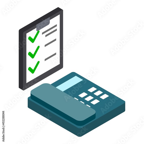 Phone survey icon isometric vector. Clipboard with check mark landline telephone. Marketing strategy, telephone survey