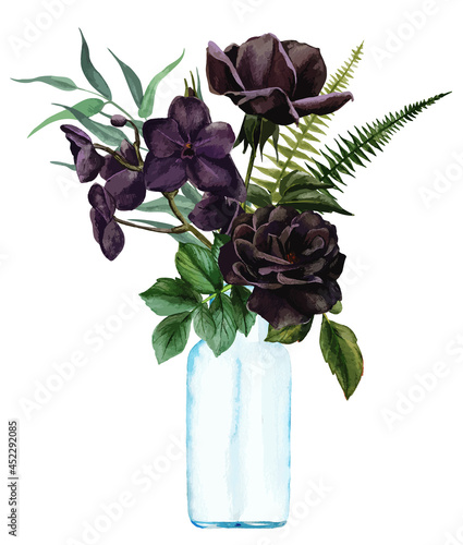 Lush floral bouquet in vase, hand drawn vector