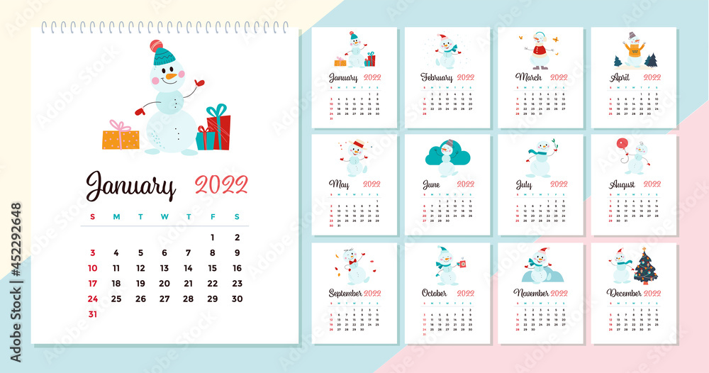 2022 new year creative monthly calendar for kids with different cute funny  snowman characters design template. Vector flat hand drawn illustrations.  Stock Vector | Adobe Stock