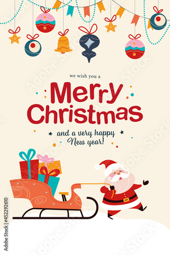 Merry Christmas and Happy New year congratulation card with funny Santa Claus character drag sleigh full of gifts, fir tree toys and garlands hang. Vector flat illustration for banner, invitation.