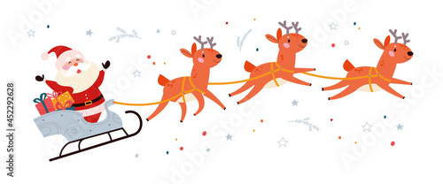 Winter Merry Christmas holiday illustration with funny Santa Claus character and his reindeer sleigh fly isolated. Vector flat cartoon illustration. For card, banner, flayer, invitation, poster. © artflare