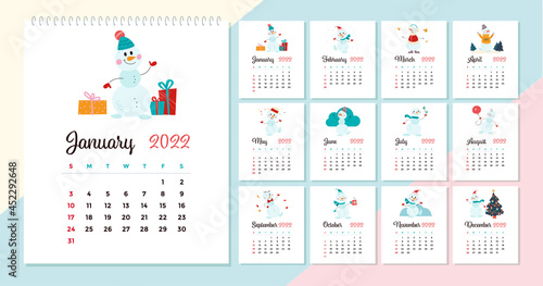 2022 new year creative monthly calendar for kids with different cute funny snowman characters design template. Vector flat hand drawn illustrations.