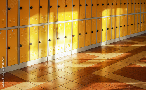 Konstfotografi Sun shines on empty elementary school hall, numbered lockers at the wall