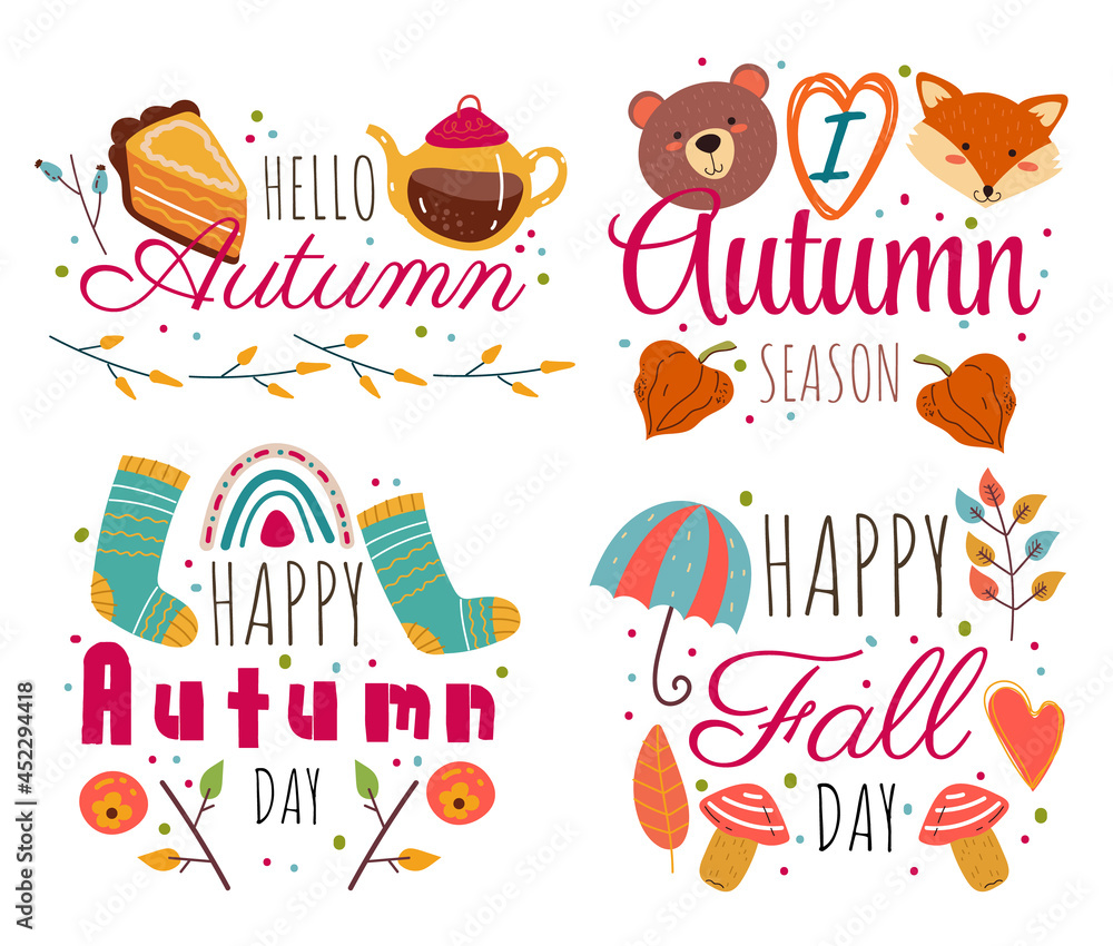 Hello autumn decorative label isolated set design element