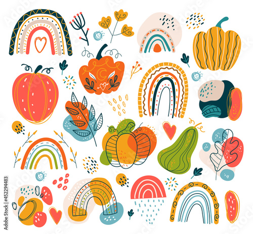 Autumn hand drawn doodle boho modern style design element isolated set