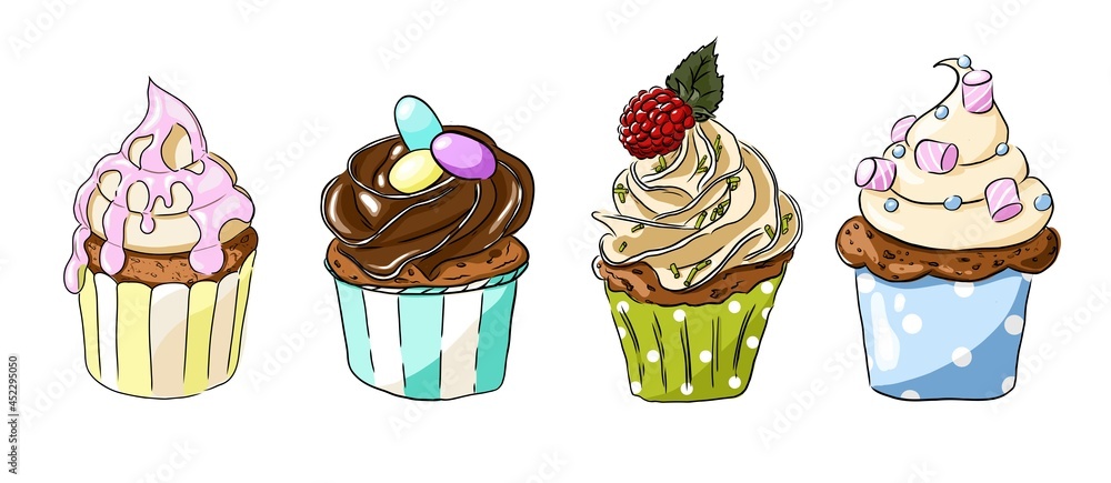 cupcake with cream. A doodle-style banner. Dessert banner. Cup cake vector. Dessert banner. Homemade white cake. Cup cakes isolated. Print for fabric, packaging, label, postcard, print. Dessert set cupcake with cream. A doodle-style banner. Dessert banner. Cup cake vector. Dessert banner. Homemade white cake. Cup cakes isolated. Print for fabric, packaging, label, postcard, print. Dessert set
