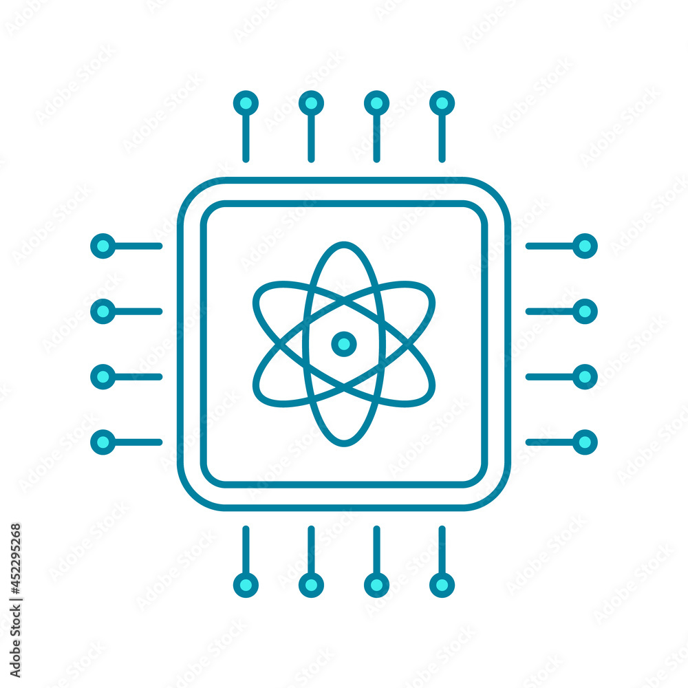 Quantum computing line icon. Blue semiconductor chip with atom symbol ...