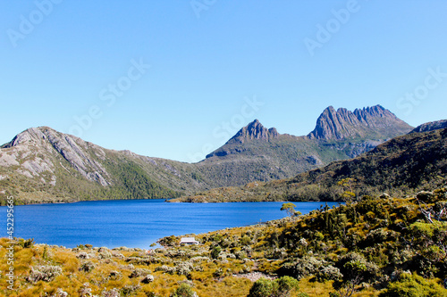 Cradle Mountain in the background with Dove Lake and native plants in the foreground. Tasmania Australia. No people. Space for copy.