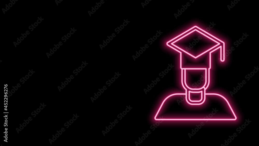 Glowing neon line Graduate and graduation cap icon isolated on black background. 4K Video motion graphic animation Glowing neon line Graduate and graduation cap icon isolated on black background. 4K Video motion graphic animation