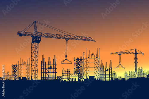 Tower Cranes on Construction Site. City space. Construction, Development, Architecture or other concept illustration or background. Urban landscape. Town growth. Hand drawn vector