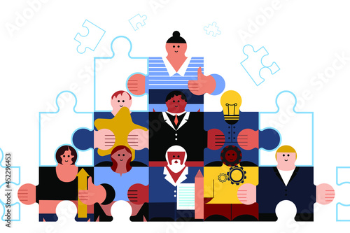 Puzzle Pyramid with details of human figures. Multiethnic group of people standing together, community and togetherness concept. Team and teamwork. Collage. Company. Friendship. Cubism, minimal style