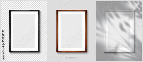 Layout of wooden picture frames (Black, White, brown) in colors. Realistic vector illustration 