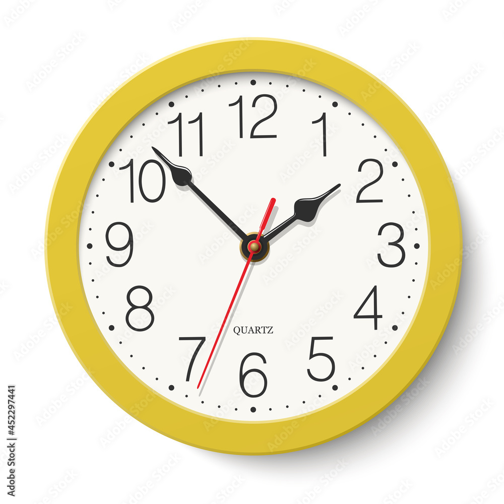Round wall clock with yellow body isolated on white background Round wall clock with yellow body isolated on white background