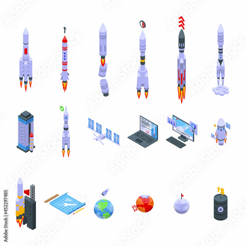 Spacecraft launch icons set isometric vector. Rocket ship. Cosmos future