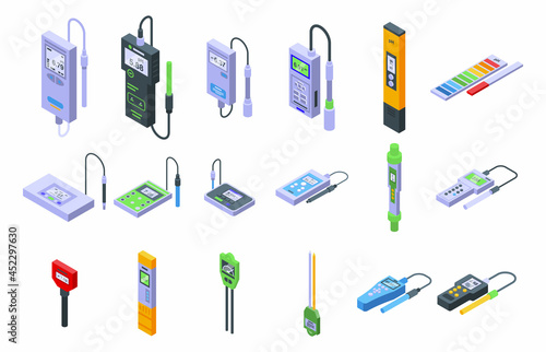 Ph meter icons set isometric vector. Acid chemical. Biology laboratory