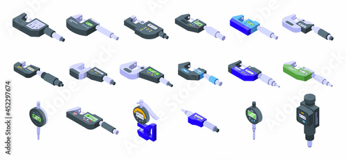 Digital micrometer icons set isometric vector. Ruler caliper. Centimeter device