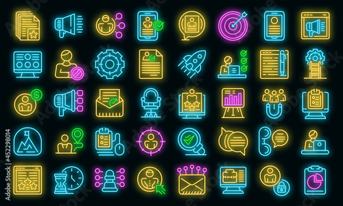 Online recruitment icons set. Outline set of online recruitment vector icons neon color on black