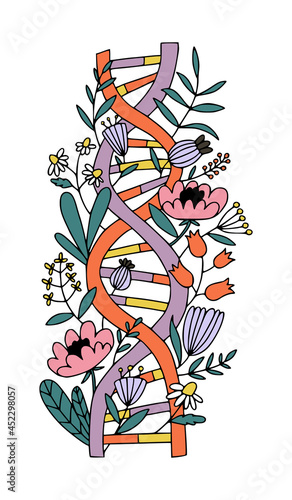 DNA spiral with flowers. Biotechnology and evolution medicine concept. Doodle hand drawn illustration with floral motives.