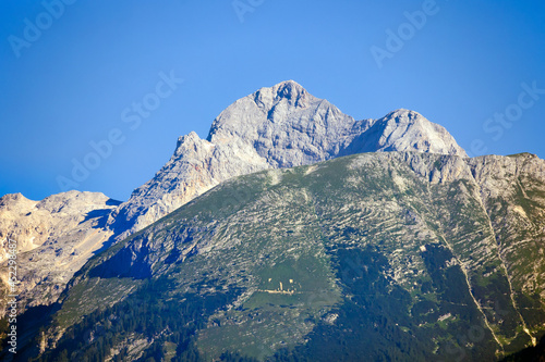 view to the peaks of the triglav mountain in slovenia
