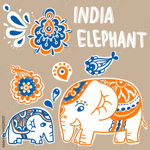 Vector hand draw India elephant. India style illustration. stock illustration