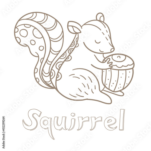 Squirrel takes an acorn. Vector illustration. Alphabet card. Cute cartoon animal card.