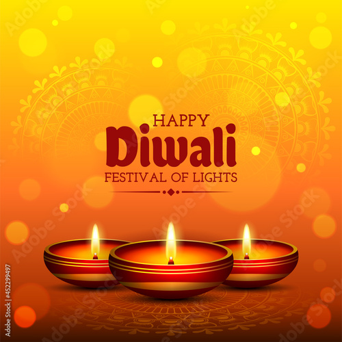 diwali festival vector realistic oil lamps illustration. diwali background design for banner ads, social media post, square banner
