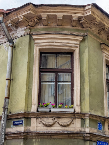 Vyborg  Russia  July 25  2021. Fragment of a typical facade of a building of a historical architectural ensemble