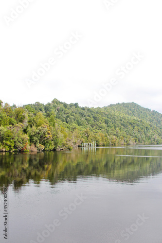 Smooth water with reflections Gordon River Tasmania Australia. No people, copy space.