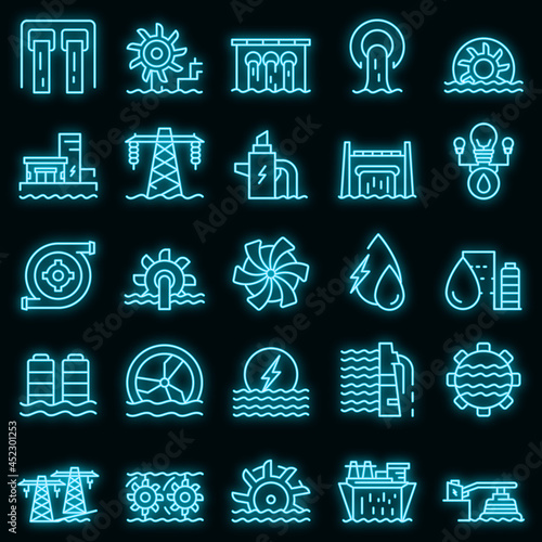 Hydro power icons set. Outline set of hydro power vector icons neon color on black
