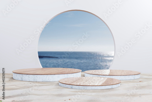 Beach summer decoration Wooden product display podium for presentation, Santorini island style, outdoor marine tourism lifestyle on seascape concept, 3D rendering