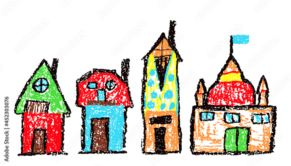 Like child`s hand drawn crayon colorful house set. Pastel chalk or pencil like kid`s hand painting cute country or city building. Vector funny bright doodle art simple stroke style.