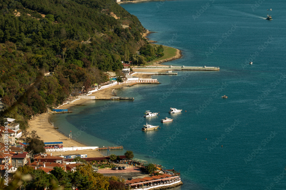 Pleasure boats moored on beaches near Sariyer, north of Istanbul, near the Black Sea in the Bosphorus Strait.