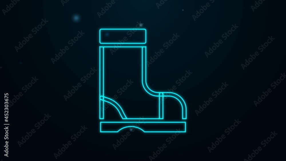 Glowing neon line Waterproof rubber boot icon isolated on black background. Gumboots for rainy weather, fishing, gardening. 4K Video motion graphic animation Glowing neon line Waterproof rubber boot icon isolated on black background. Gumboots for rainy weather, fishing, gardening. 4K Video motion graphic animation