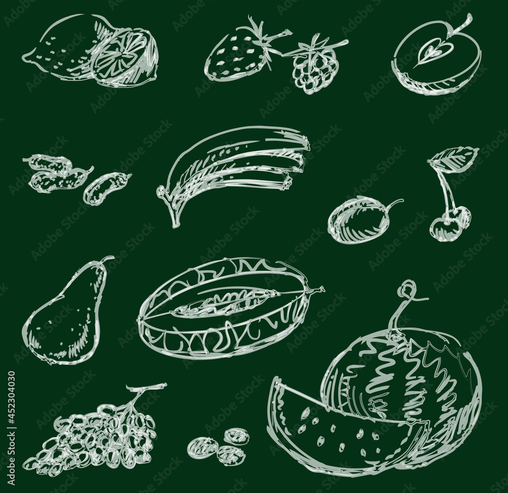 Contour drawings of watercolor brush of various fruits Contour drawings of watercolor brush of various fruits