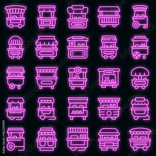 Hot dog cart icons set. Outline set of hot dog cart vector icons neon color on black