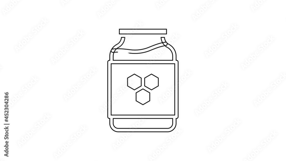 Black line Jar of honey icon isolated on white background. Food bank. Sweet natural food symbol. 4K Video motion graphic animation Black line Jar of honey icon isolated on white background. Food bank. Sweet natural food symbol. 4K Video motion graphic animation