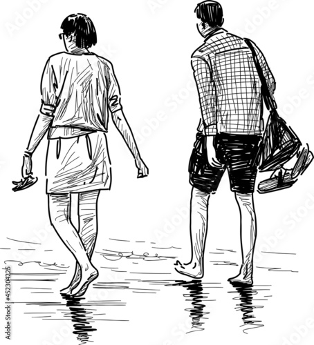 Sketch of couple young people walking barefoot on seashore