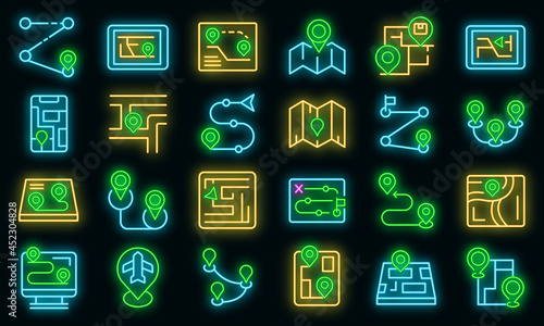 Itinerary icons set. Outline set of itinerary vector icons neon color on black