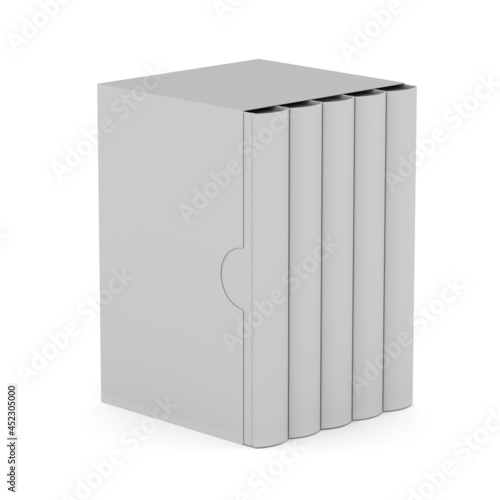 Five books with blank box cover on white background. Isolated 3D illustration