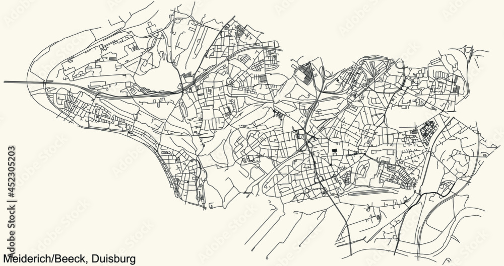 Black simple detailed street roads map on vintage beige background of the quarter Meiderich/Beeck district of Duisburg, Germany
