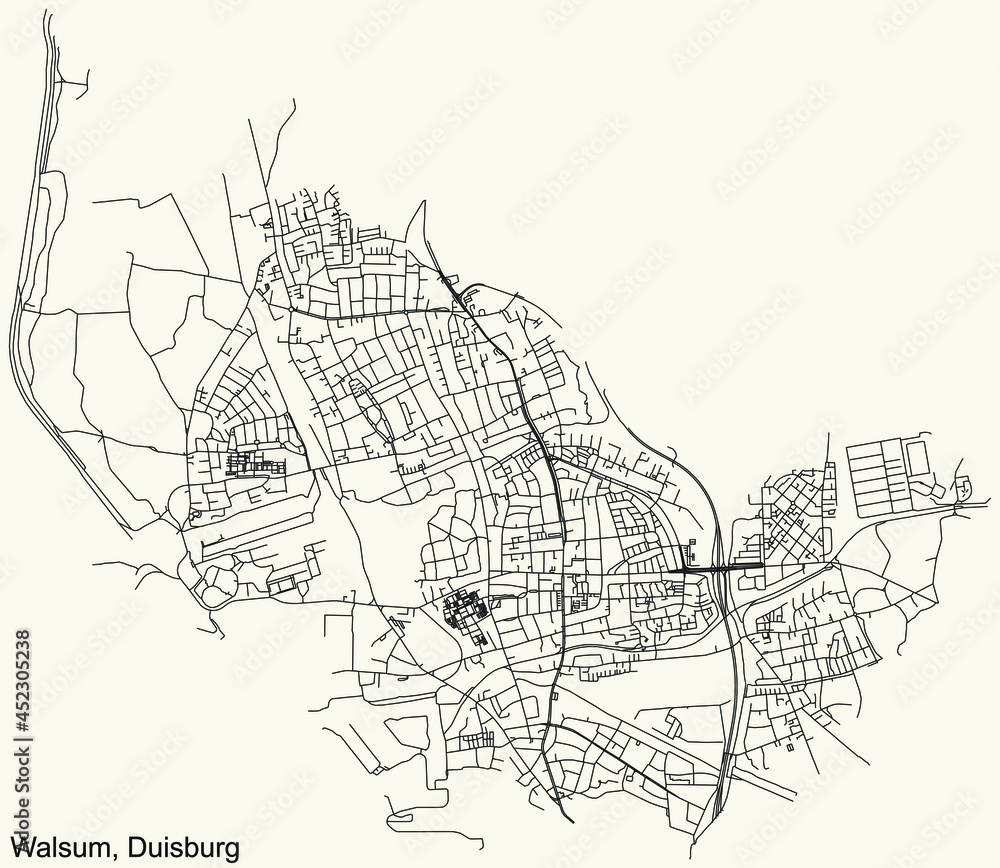 Black simple detailed street roads map on vintage beige background of the quarter Walsum district of Duisburg, Germany