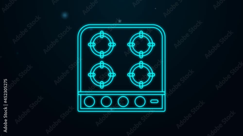 Glowing neon line Gas stove icon isolated on black background. Cooktop sign. Hob with four circle burners. 4K Video motion graphic animation Glowing neon line Gas stove icon isolated on black background. Cooktop sign. Hob with four circle burners. 4K Video motion graphic animation